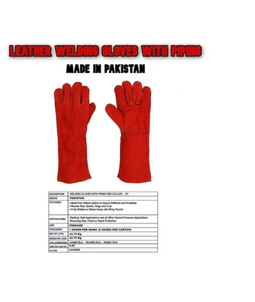 Red leather welding gloves made in Pakistan for heat and spark protection.