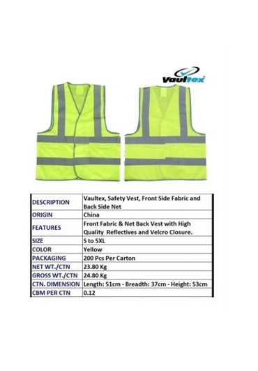 Yellow Vaultex safety vest with reflective strips, front and back view.