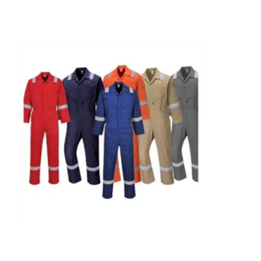 Five different colored safety coveralls with reflective stripes.