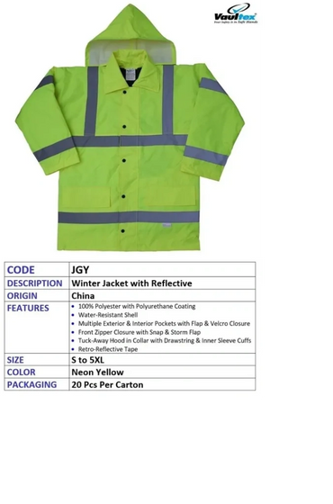 Neon yellow winter jacket with reflective tape and multiple pockets for safety and convenience.