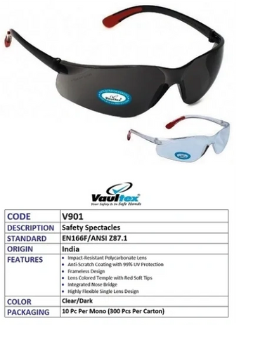 Vautex safety spectacles with anti-scratch and UV protection features.