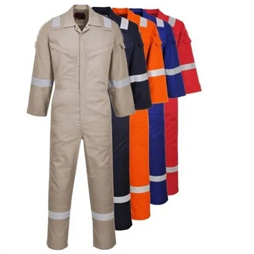 Set of five colorful work coveralls with reflective strips for safety.