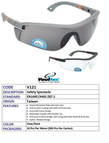 Vaultex V121 safety spectacles with UV protection and adjustable design.
