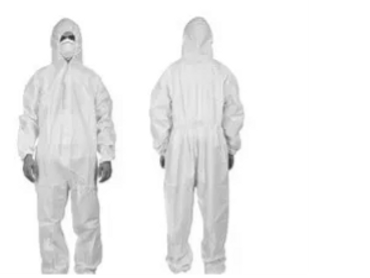 Front and back view of a person wearing a white protective hazmat suit with mask and hood.