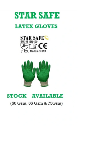 Green Star Safe latex gloves with stock available in different weights.