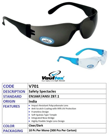 Safety spectacles with anti-scratch coating and UV protection by Vaultex.