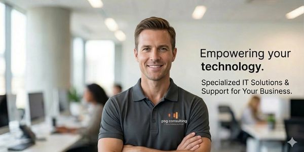 Confident man promoting IT consulting services in a modern office.