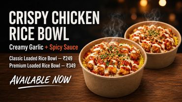 Crispy chicken rice bowl with creamy garlic sauce, spicy sauce and fresh rice, served in kraft bowls