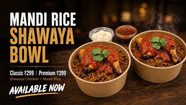 Mandi rice shawaya bowl with chicken, mandi rice, garlic sauce and spicy sauce served in kraft bowls