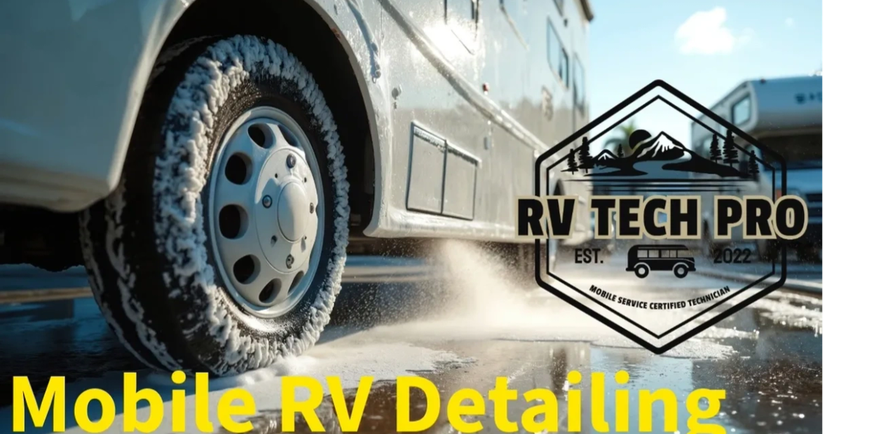 RV tire being cleaned with Mobile RV Detailing logo.