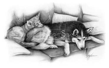 Pet art of wolf pup and husky