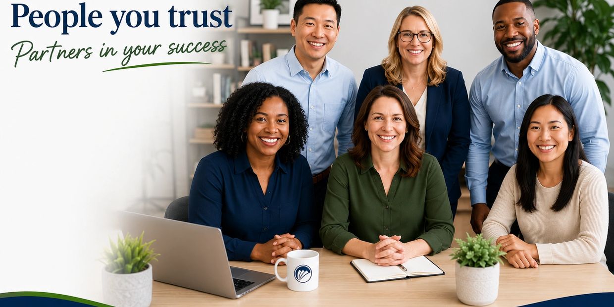 Diverse, smiling team posing confidently around a desk with laptop and plants.
