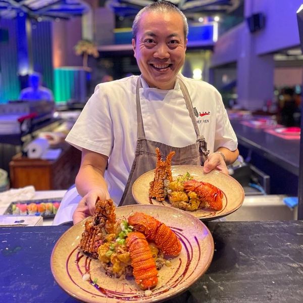 Chef Ken with his creation: Anguilla Crayfish 