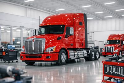 Bright red semi-truck parked inside a clean, modern garage or workshop.