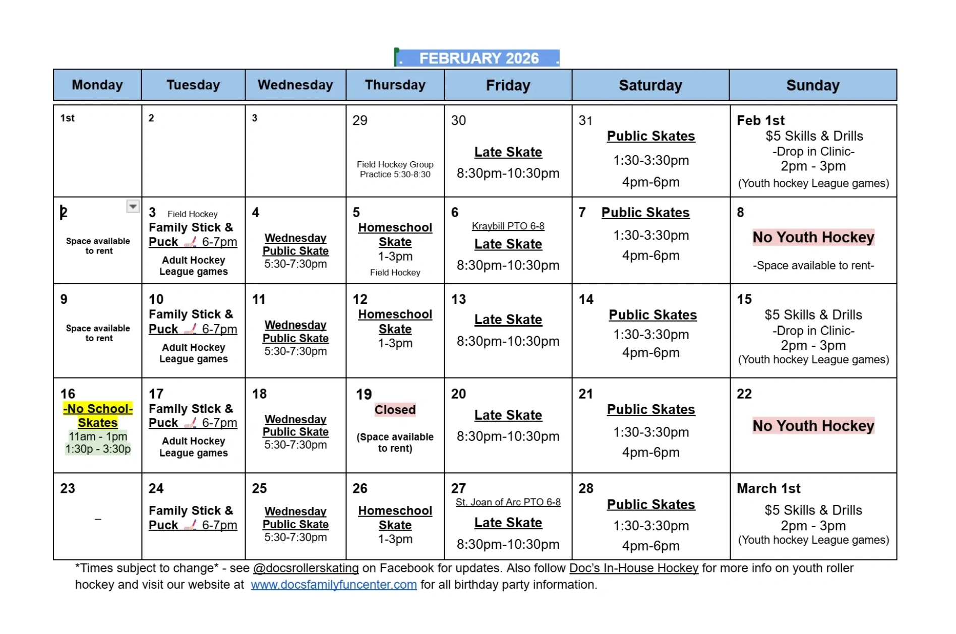 Doc's Calendar of Events & Hours