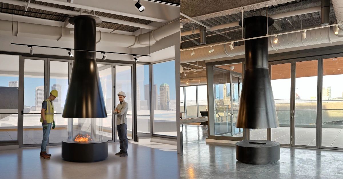 A sise-by-side comparison of a render and actual photograph of an indoor hearth and flue.