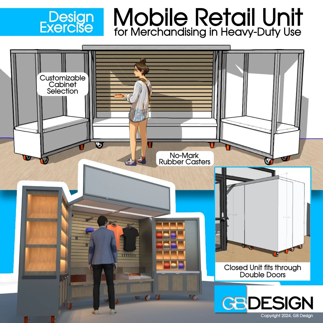 Design Presentation of a mobile heavy-duty retail kiosk for merchandising at high-capacity events.