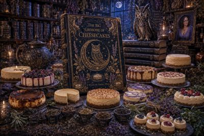 Detailed magical kitchen with cheesecakes and a big grimoire book.