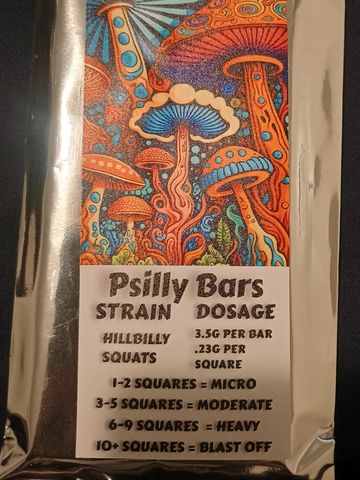 Colorful psychedelic mushroom design on Psilly Bars packaging with strain and dosage info.