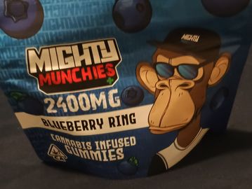 Packaging for cannabis-infused blueberry ring gummies with a cool ape character.