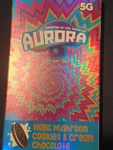 Colorful psychedelic packaging for Aurora's Magic Mushroom Cookies & Cream Chocolate.