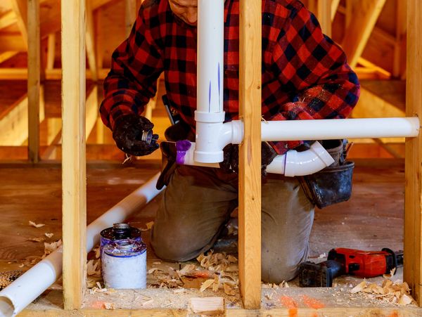A worker in a red plaid shirt applies cement to a PVC pipe