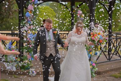 Mr and Mrs wedding couple confetti photo shot at Walton Hall wedding events
