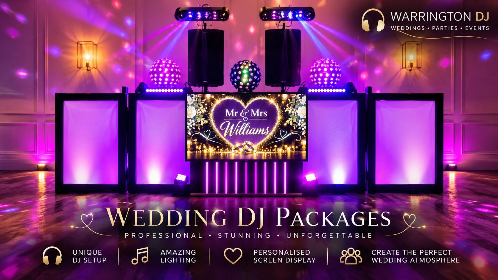 Mr and Mrs Doherty wedding at Mottram hall cheshire in front of the unique DJ set up