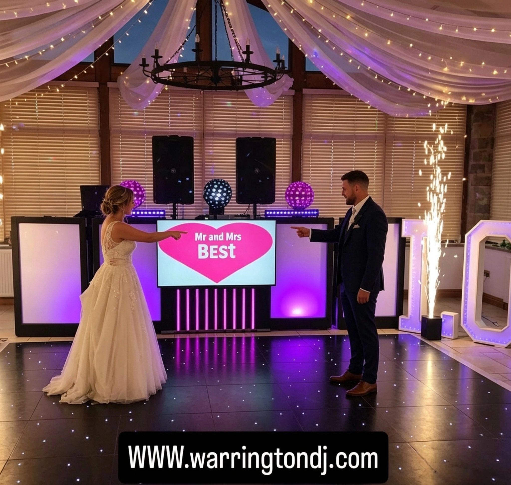 Wedding couple with our unique dj set up at Beeston Manor