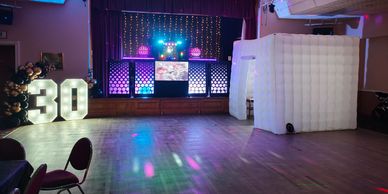 30th birthday with DJ giant inflatable photo booth and number 30