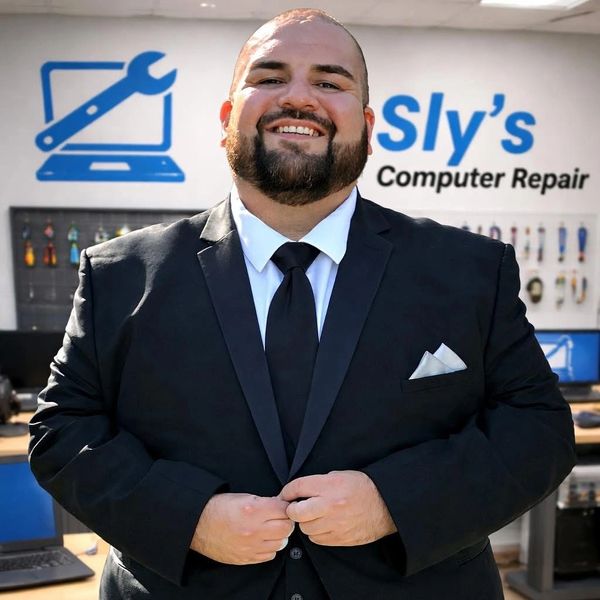 Smiling man in a suit at a computer repair shop.