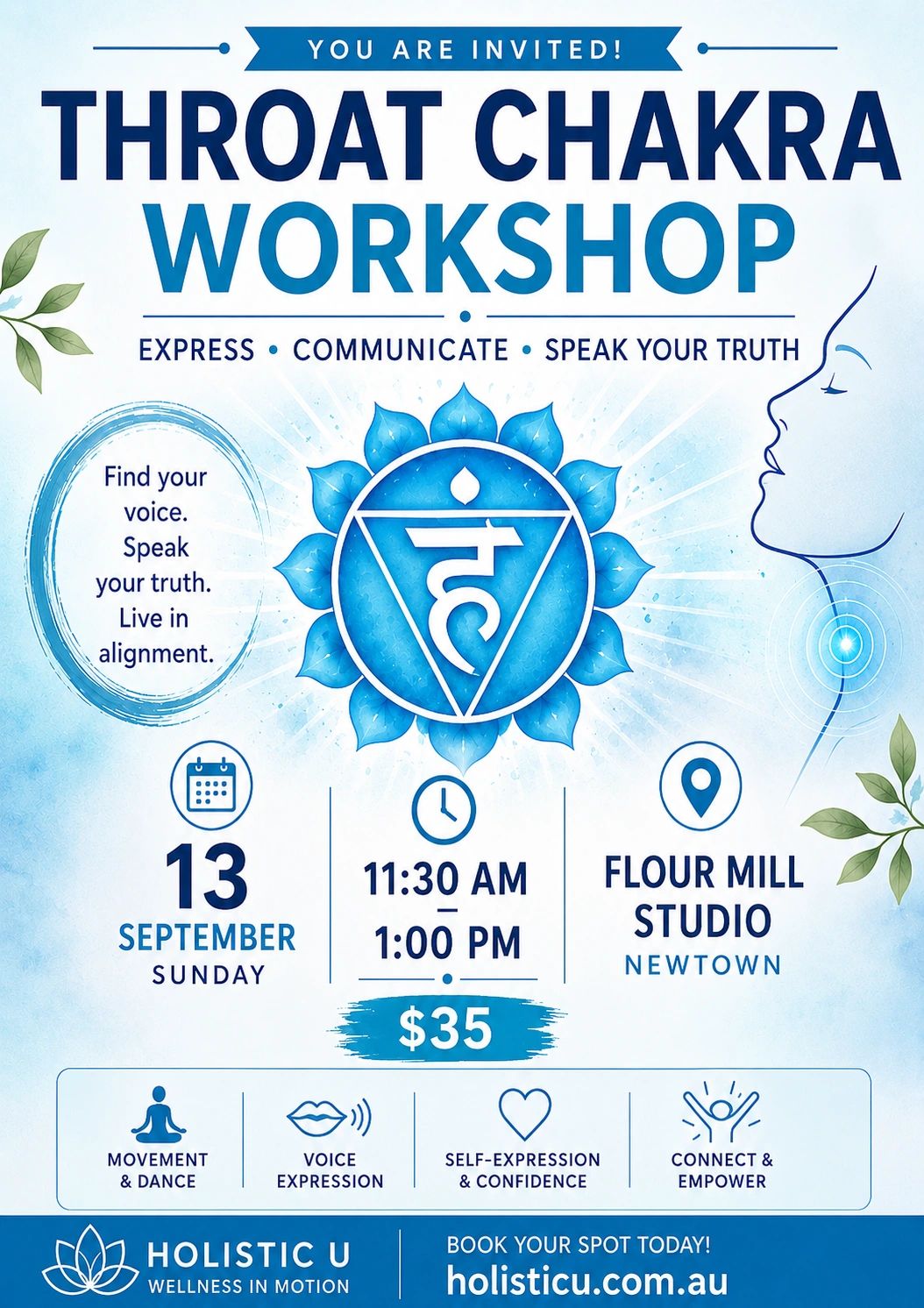 Throat Chakra Workshop invitation on September 13 at Flour Mill Studio, Newtown.