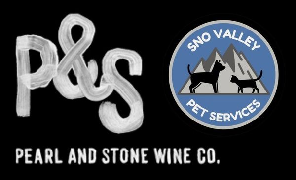 Logos for Pearl and Stone Wine Co. and Sno Valley Pet Services on black background.