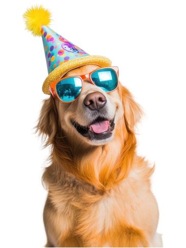 Golden retriever wearing party hat and sunglasses, looking happy.