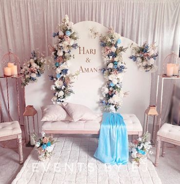 Sailboard wedding backdrop with blue florals, 4ft, 5ft and 6ft and custom decal