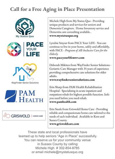 Flyer announcing a free Aging in Place presentation with local senior care professionals.