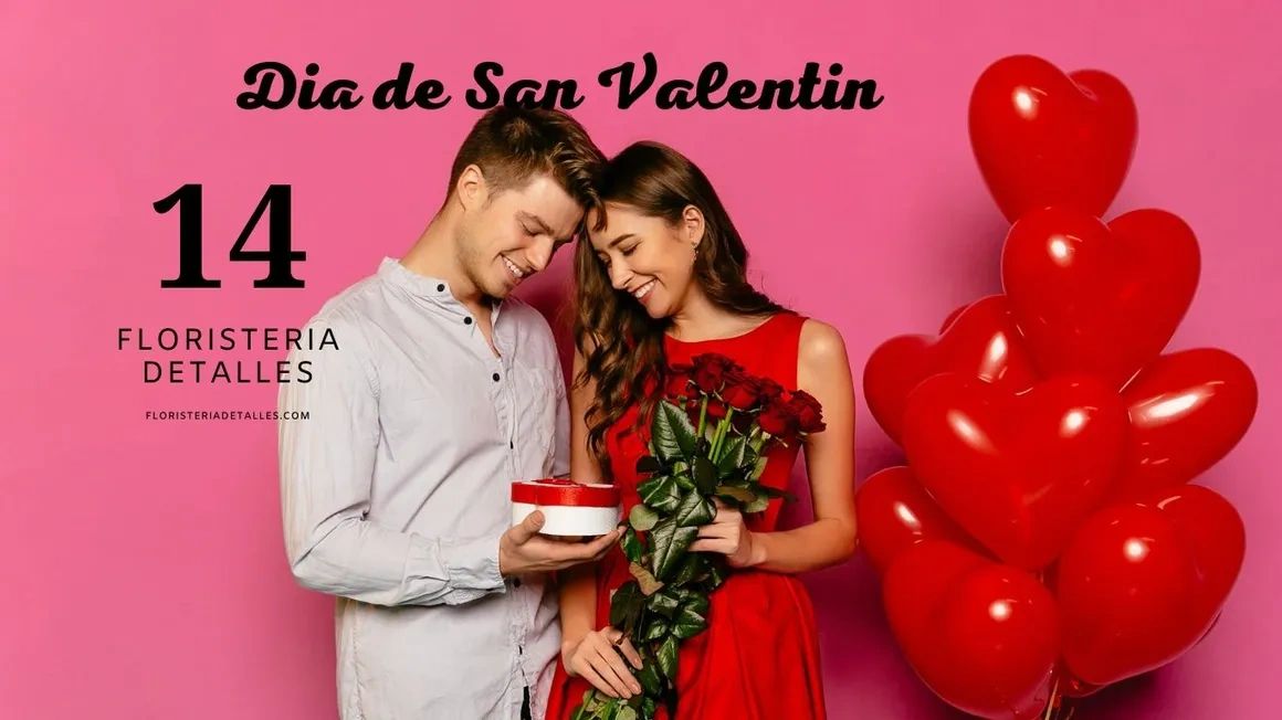 Couple celebrating Valentine's Day with roses and a gift against a pink backdrop.