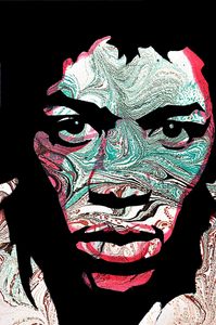 Abstract portrait with swirling colors and bold black outlines.