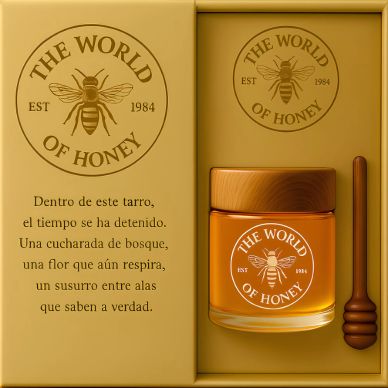 Elegant honey jar gift set with bee logo and poetic Spanish text.