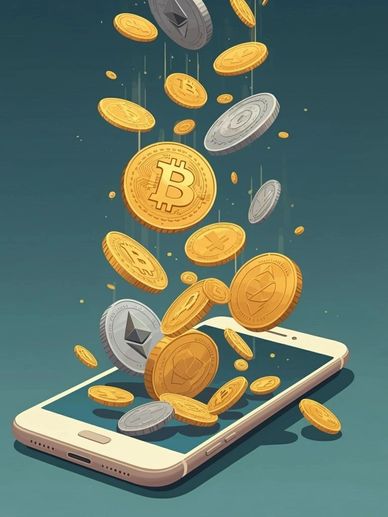 Crypto currency falling into a smartphone