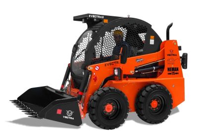 Orange Vectra skid-steer loader with front bucket.