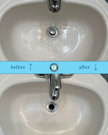 Before and after cleaning comparison of a bathroom sink showing significant improvement.