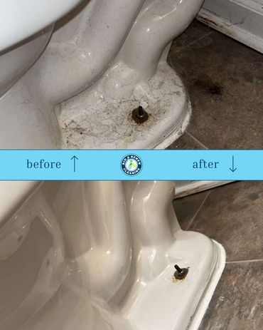 Before and after cleaning a toilet base, showing significant dirt removal.