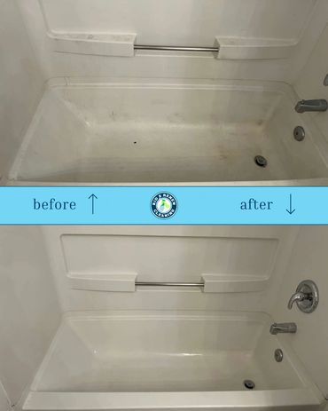 Before and after images showing a bathtub cleaned thoroughly.