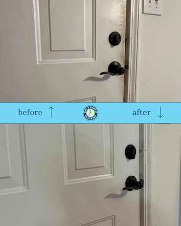 Before and after cleaning showing a door and door frame with grime removed.