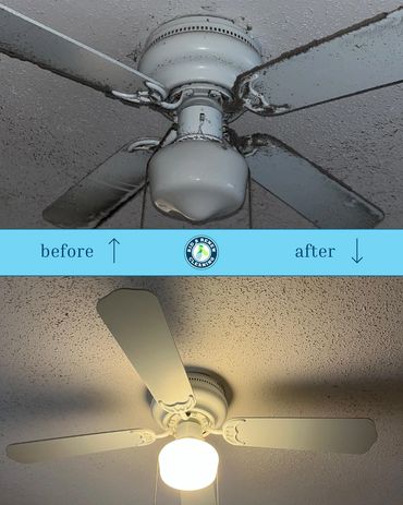 Before and after cleaning of a dusty ceiling fan.