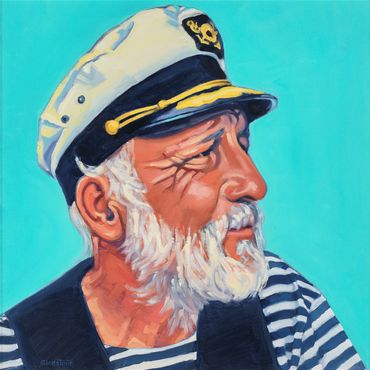Michael the Greeter, framed giclee, 16”x16”, $750. Half  donated to food for Michael