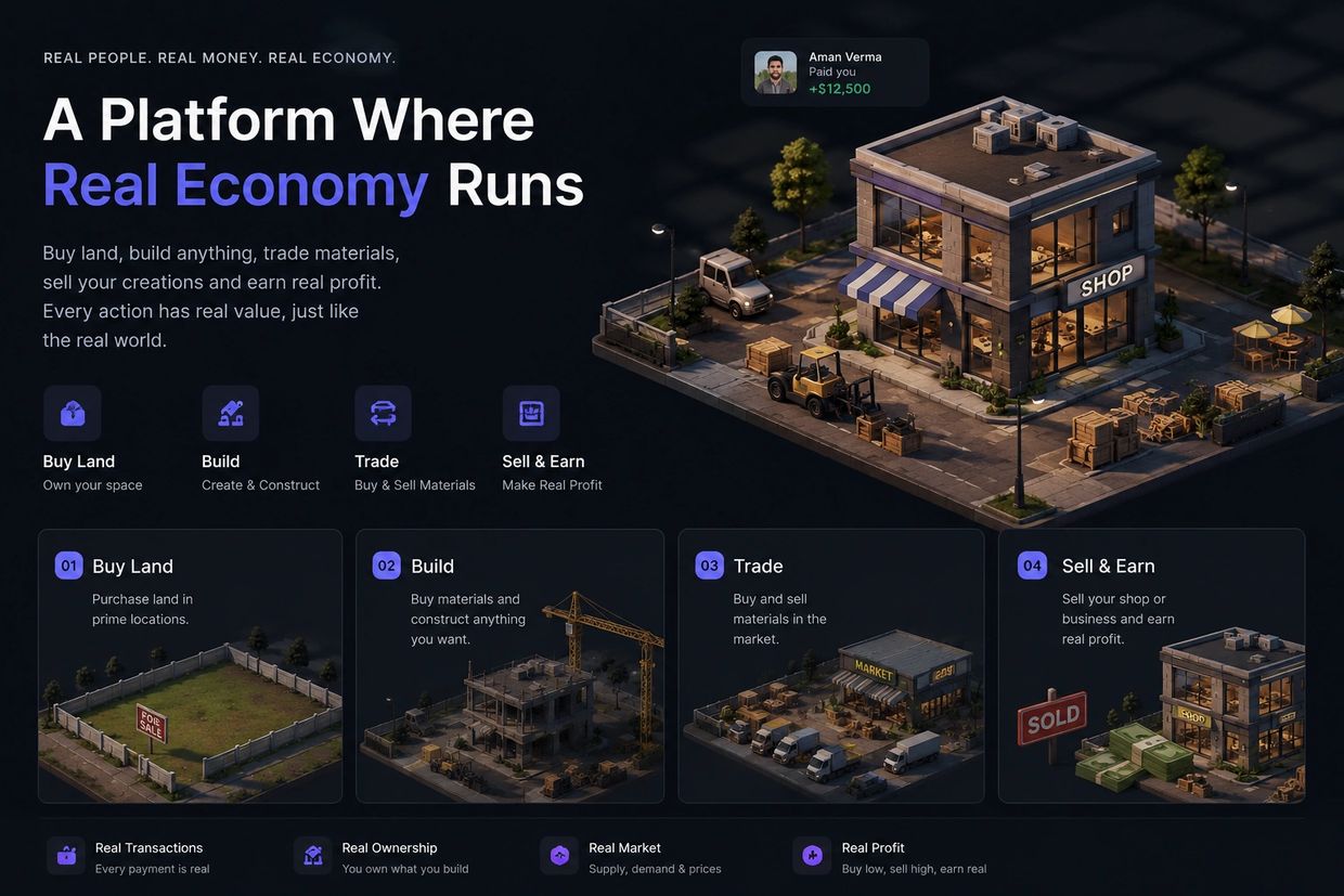 A digital platform to buy land, build, trade materials, and earn real profit.