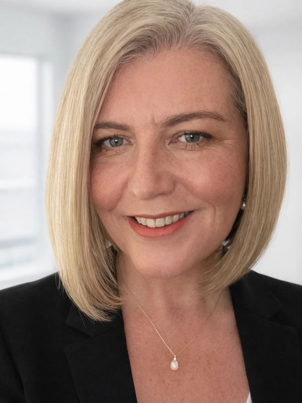 Smiling woman with blonde bob haircut wearing a black blazer and pearl necklace.