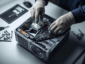 Technician repairing a projector with precision tools and gloves. laptop repair, printer repair, projector service